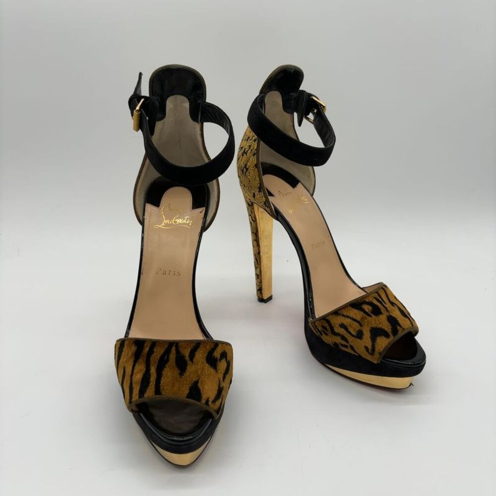 Christian Louboutin Black & Leopard Print Ankle-Strap Heels